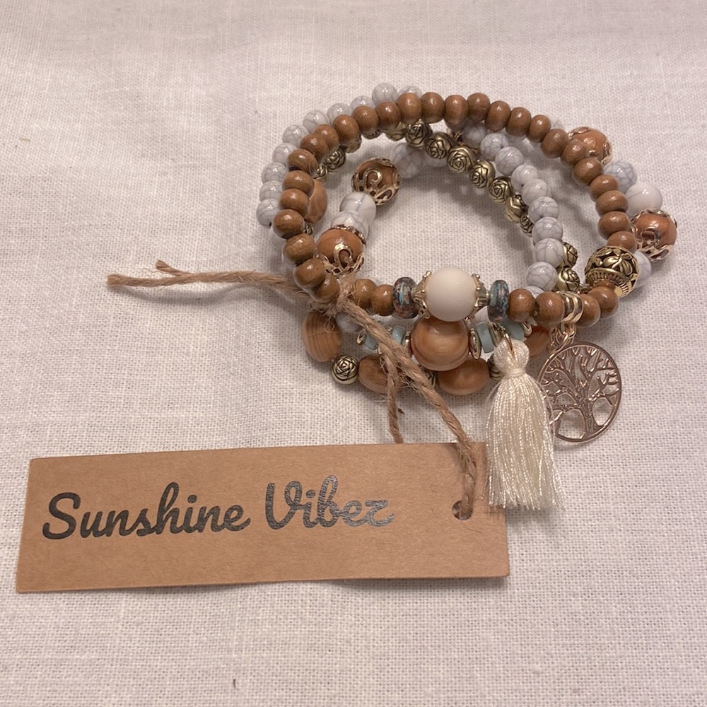 Sunshine Vibez Boho Bohemian Bracelet 4pc. Stretch Beaded Tree of Life Charm New - Picture 3 of 3